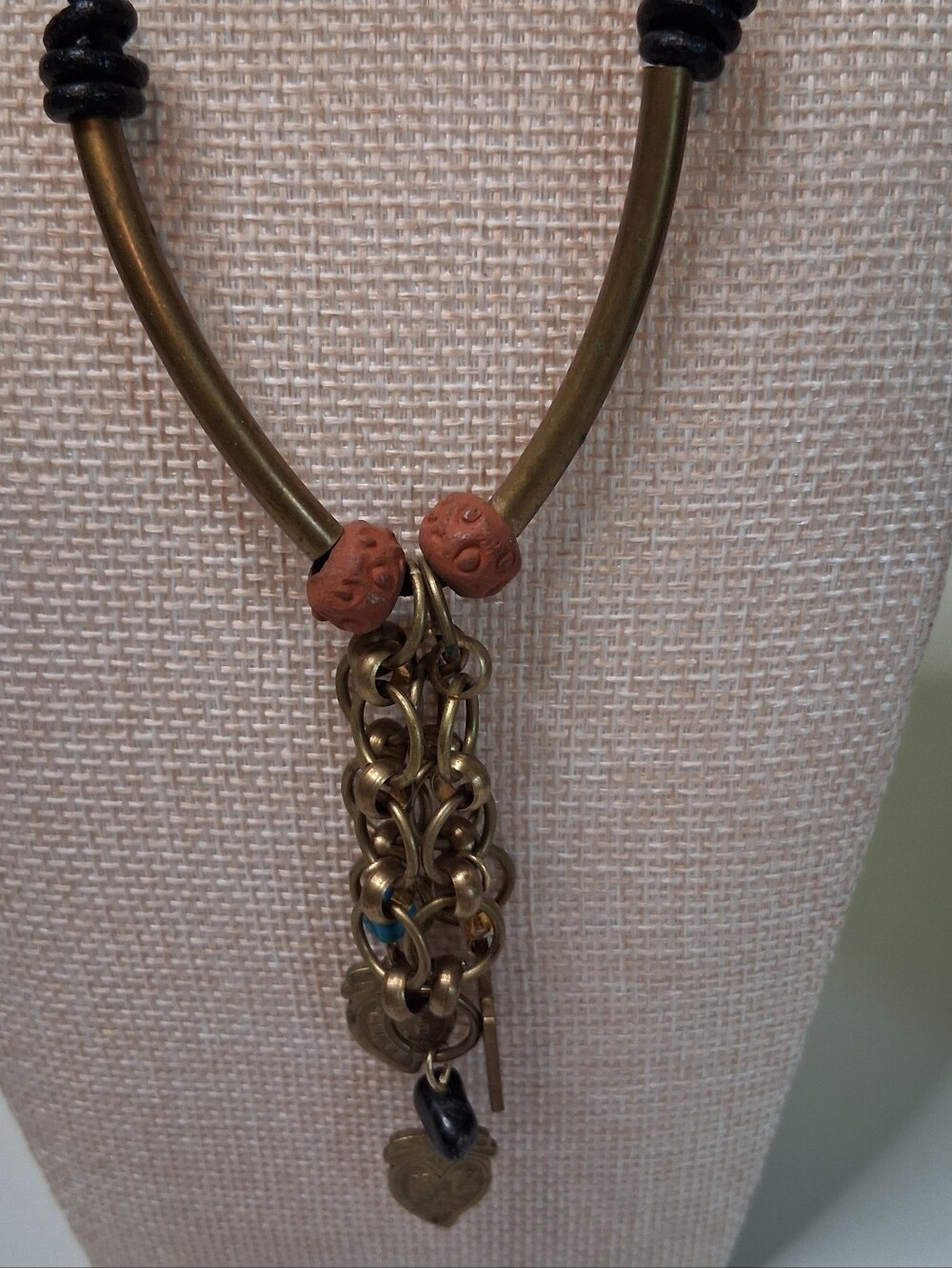 Vintage Brass & Leather Statement Pendant Necklace Multi Chain Boho Mixed Media